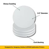 Craft Express 3.5" Round Ceramic Sublimation Coasters – Glossy White with Cork Back