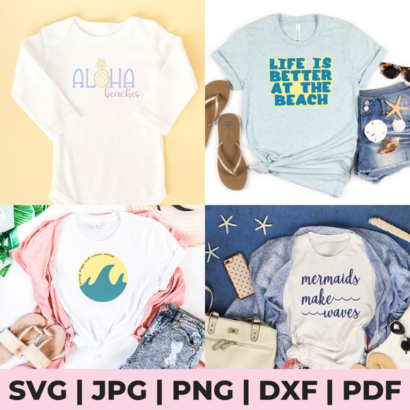 Collage of beach-themed t-shirts with text and graphics on a light pink background.
