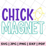 Text 'CHICK MAGNET' with a yellow chick illustration on a grid background, featuring file format options.