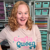 crafty queen shirt with dark text on a light shirt
