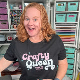 crafty queen shirt with light text on a dark shirt