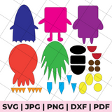 Colorful cutout shapes on a grid background with file format text at the bottom.