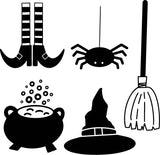 Halloween icons of witches legs, spider, broom, cauldron and witch hat