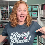 crafting is my happy place shirt with light text on a dark shirt