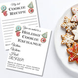Two holiday-themed invitations next to a plate of decorated cookies on a white background