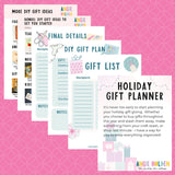 Collection of holiday gift planning sheets on a pink background