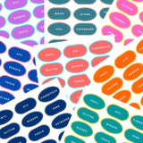 Collection of color-coded labels for various materials on a white background