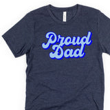 Navy t-shirt with 'Proud Dad' text in blue on a white background