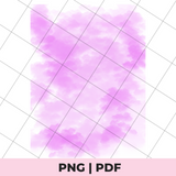Purple watercolor texture on a grid background with 'PNG | PDF' text at the bottom.