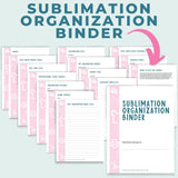 Sublimation Organization Binder with pink and white pages on a light gray background