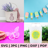 Collage of craft projects including a pineapple-patterned bag, paper popsicles, a butterfly cutout, and a sun-themed container.