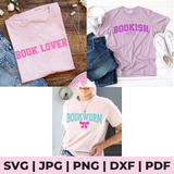 Collage of pink t-shirts with book-themed text 